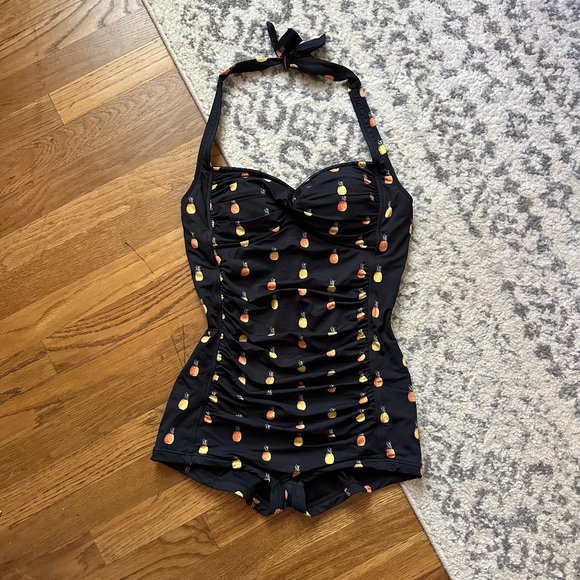 Seafolly Other - SEAFOLLY Australia Halter Boyleg Vintage One Piece Maillot Black Pineapple US 8